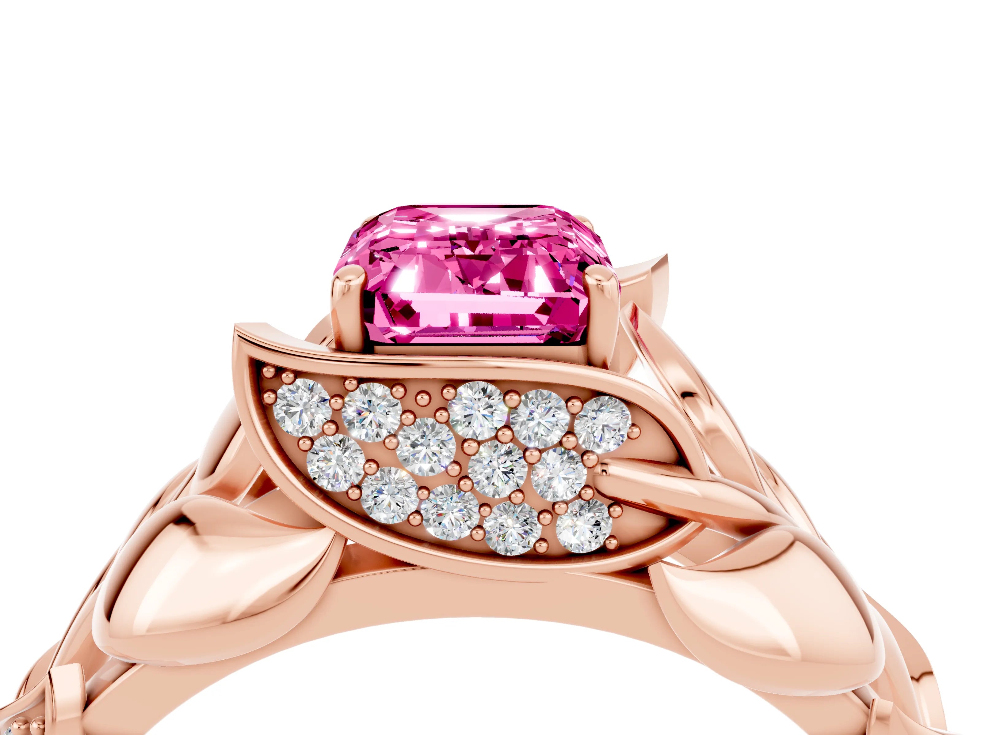 Rose gold Emerald Cut Solitaire Leaf-Inspired Engagement Ring with Prong Setting_4
