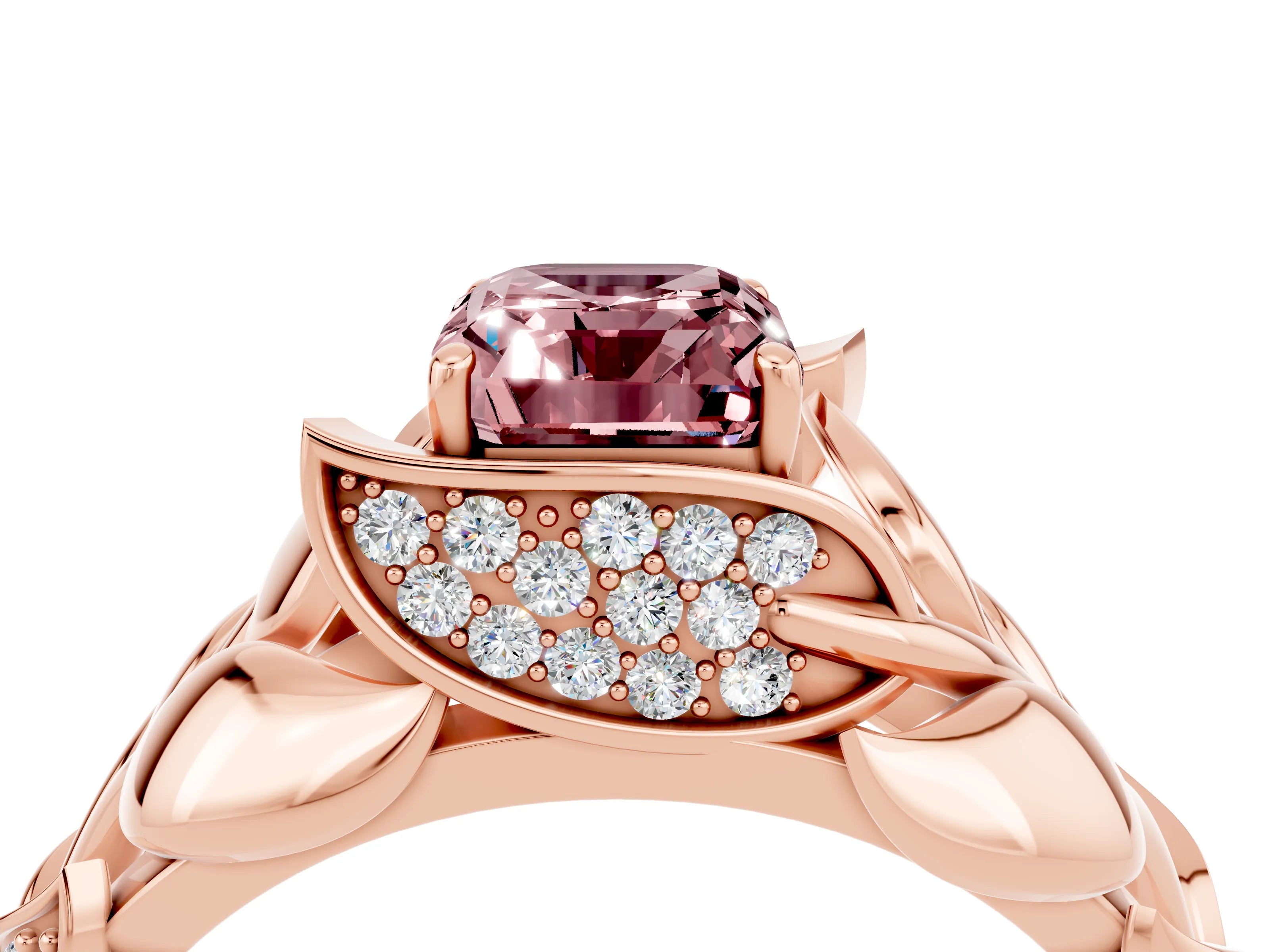 Rose gold Emerald Cut Solitaire Leaf-Inspired Engagement Ring with Prong Setting_4