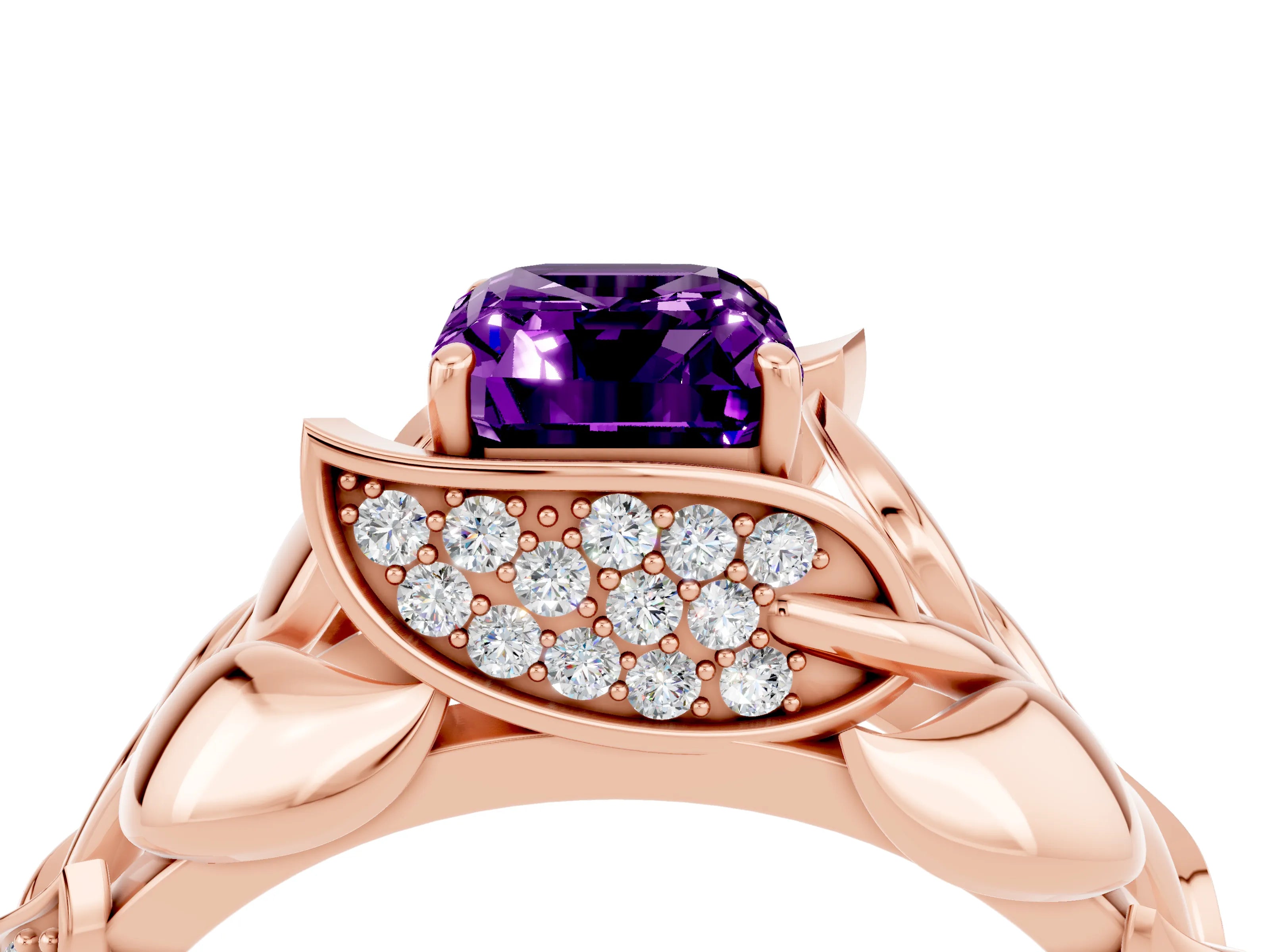 Rose gold Emerald Cut Solitaire Leaf-Inspired Engagement Ring with Prong Setting_4