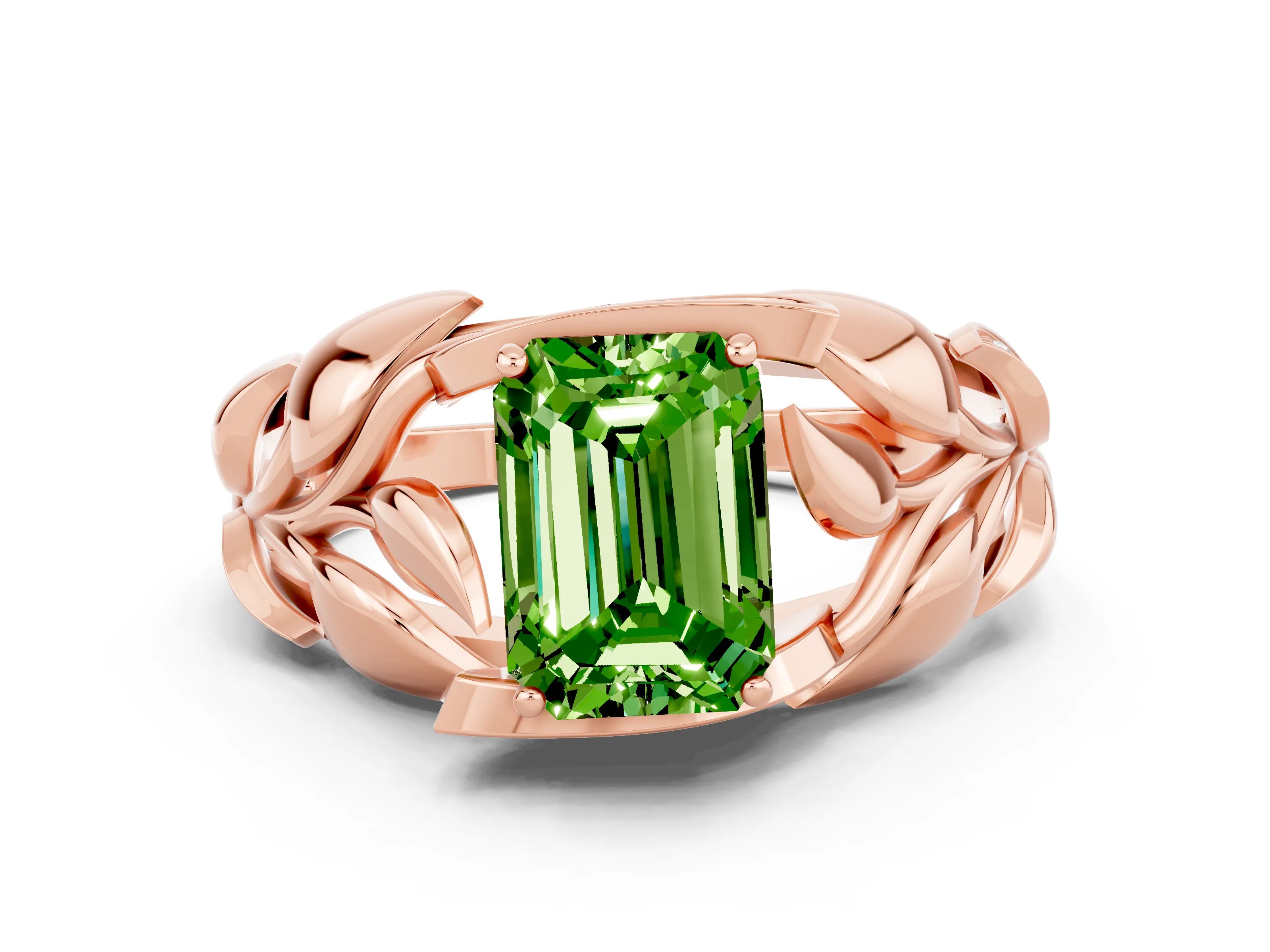 Rose gold Emerald Cut Solitaire Leaf-Inspired Engagement Ring with Prong Setting