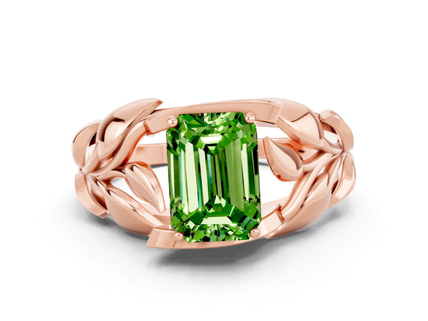 Rose gold Emerald Cut Solitaire Leaf-Inspired Engagement Ring with Prong Setting