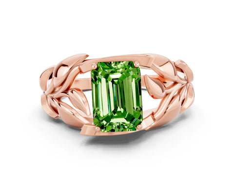 Rose gold Emerald Cut Solitaire Leaf-Inspired Engagement Ring with Prong Setting