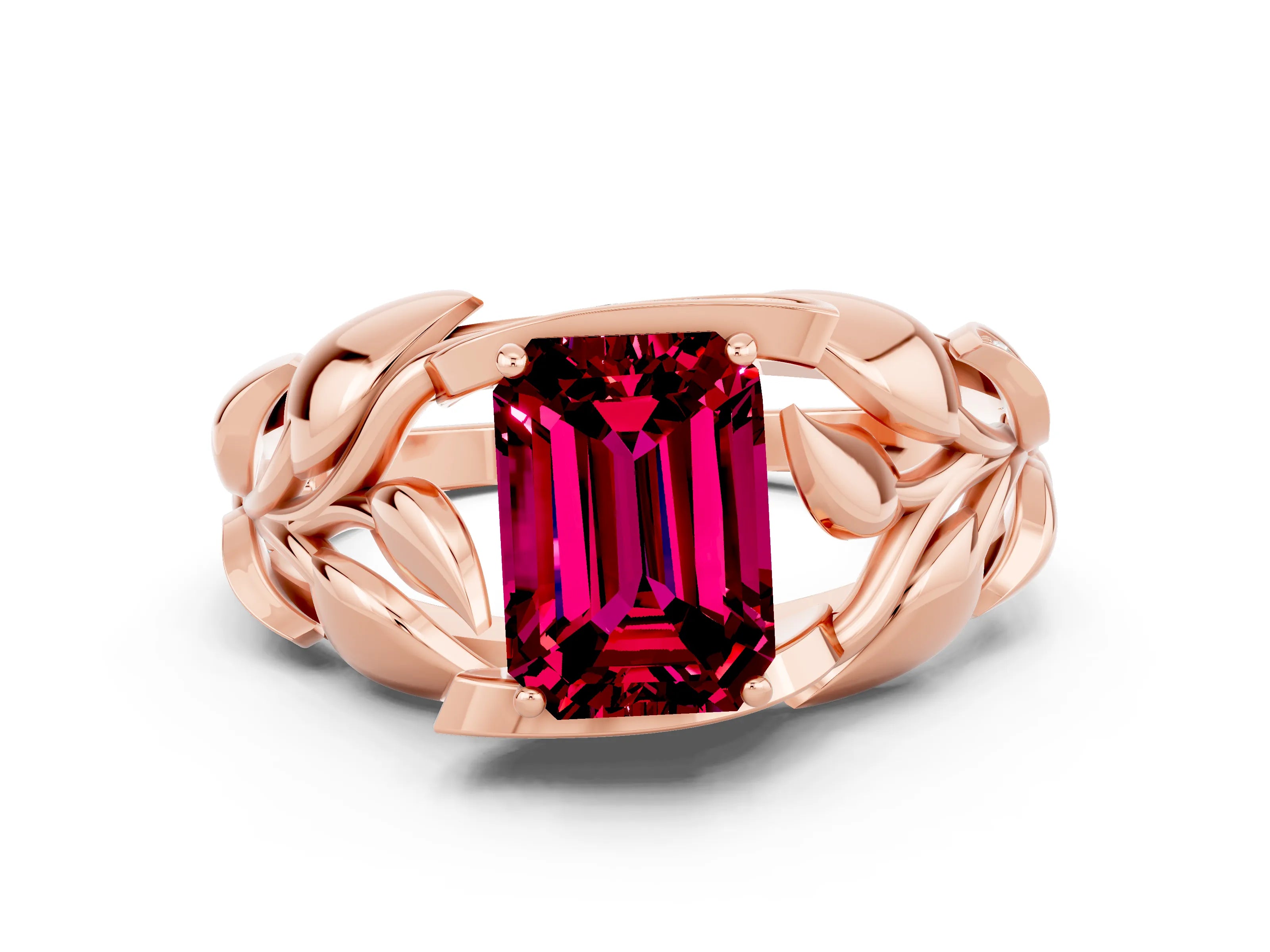 Rose gold Emerald Cut Solitaire Leaf-Inspired Engagement Ring with Prong Setting