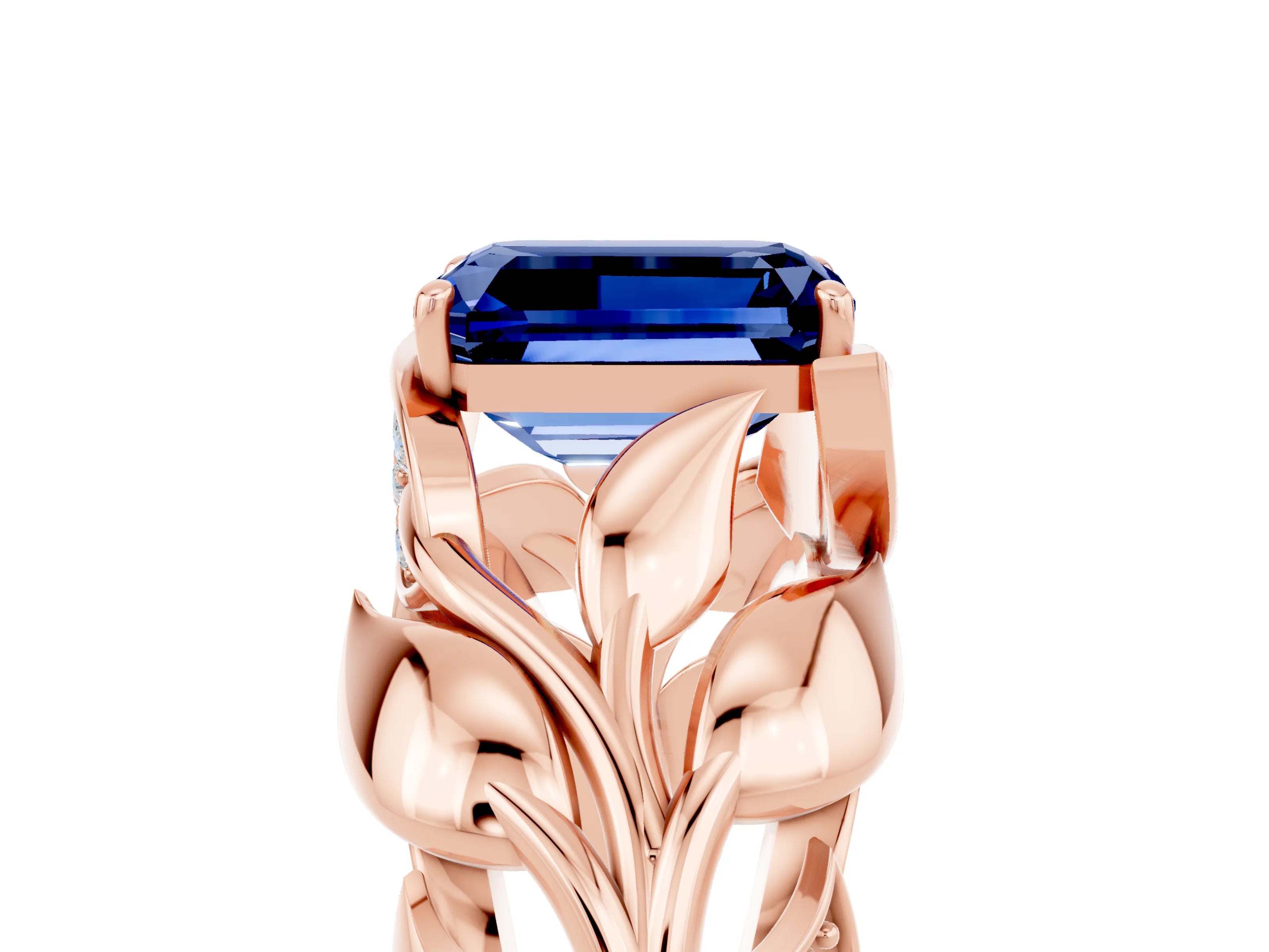 Rose gold Emerald Cut Solitaire Leaf-Inspired Engagement Ring with Prong Setting_5
