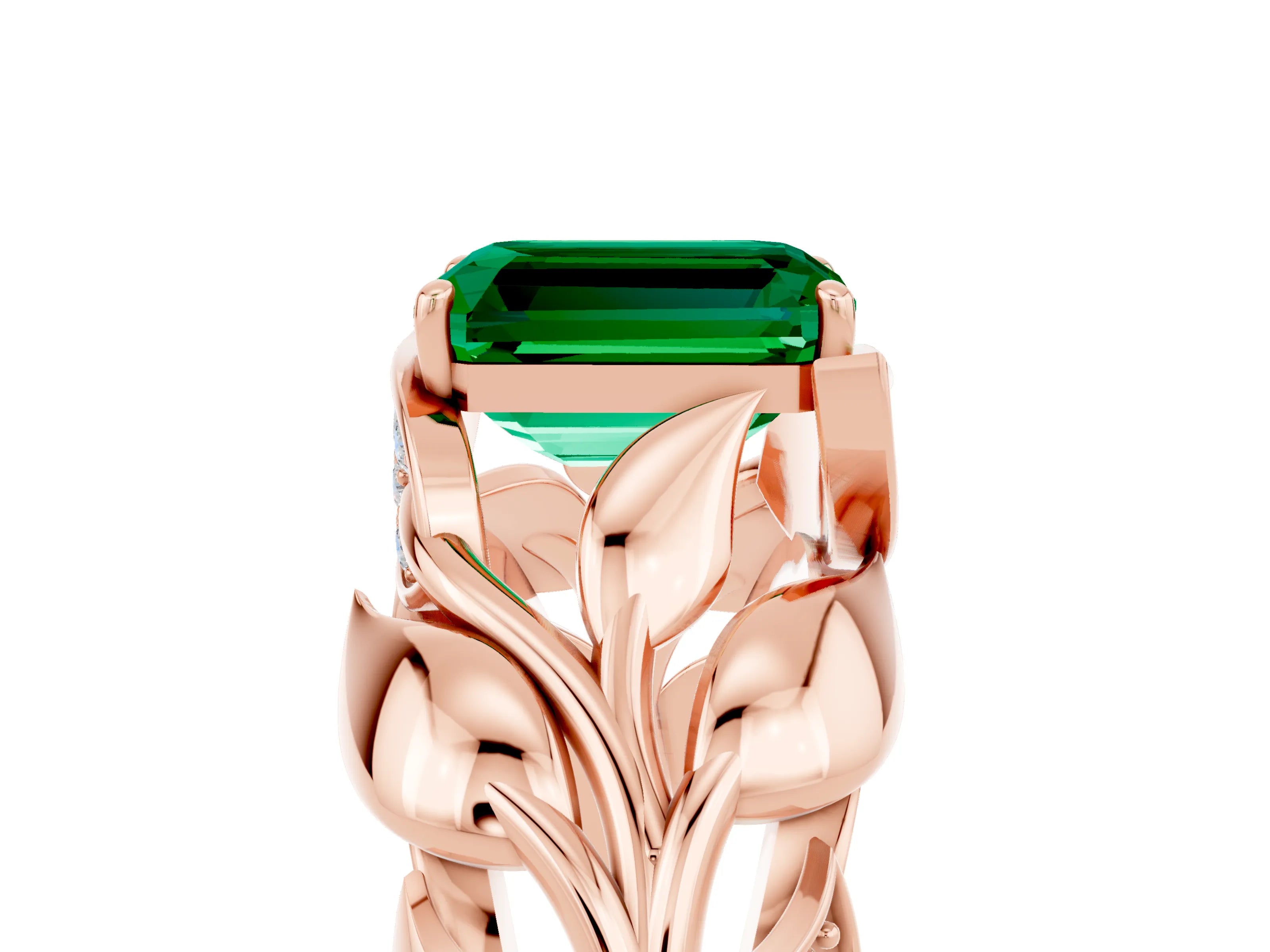 Rose gold Emerald Cut Solitaire Leaf-Inspired Engagement Ring with Prong Setting_5