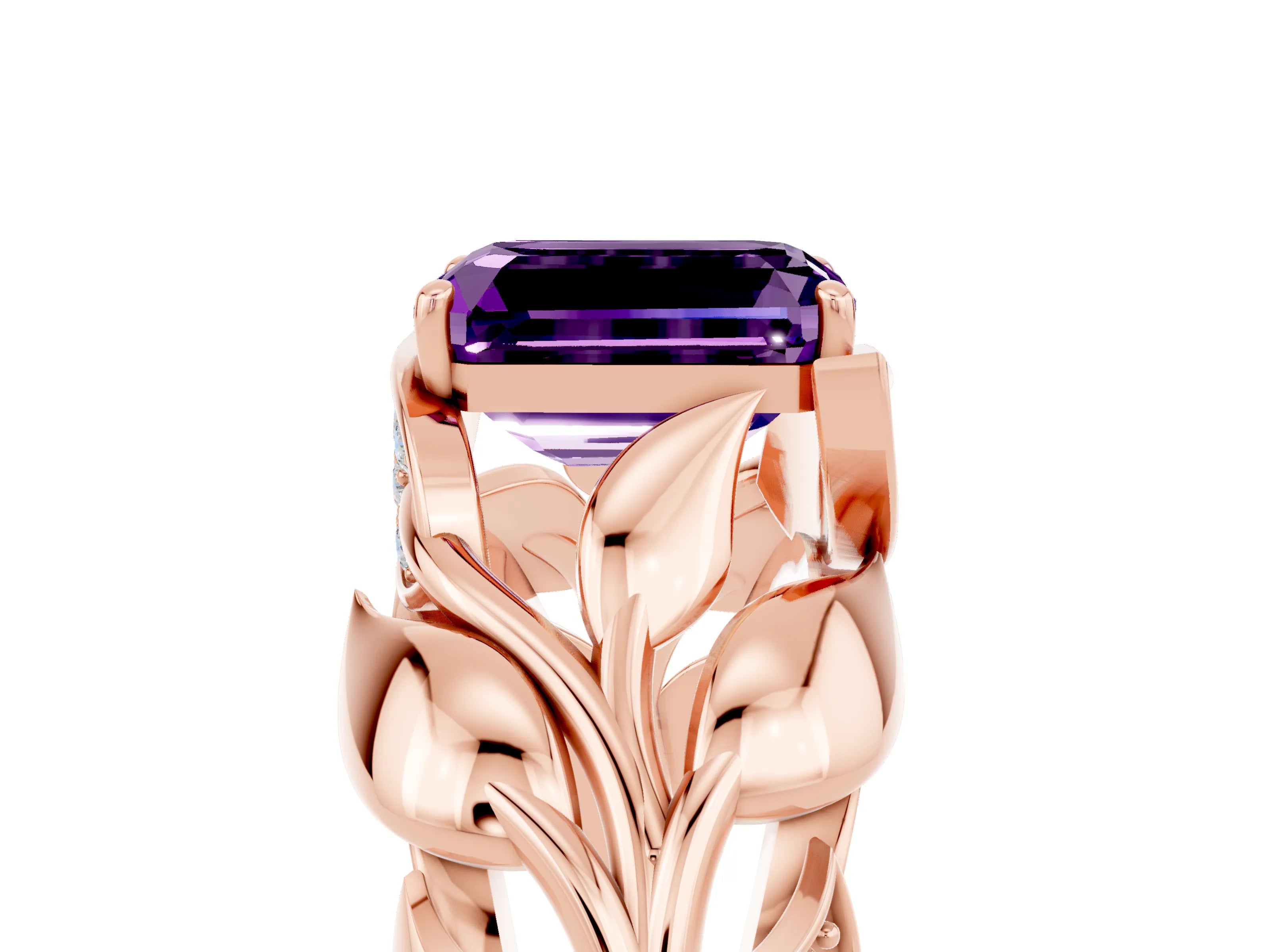 Rose gold Emerald Cut Solitaire Leaf-Inspired Engagement Ring with Prong Setting_5