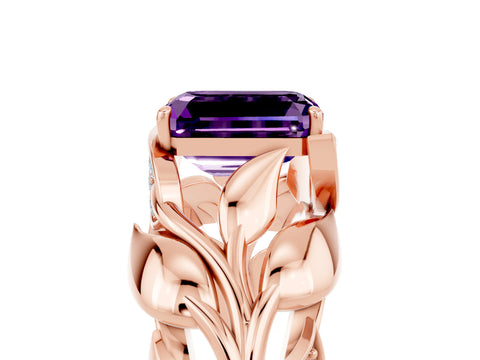 Rose gold Emerald Cut Solitaire Leaf-Inspired Engagement Ring with Prong Setting_5
