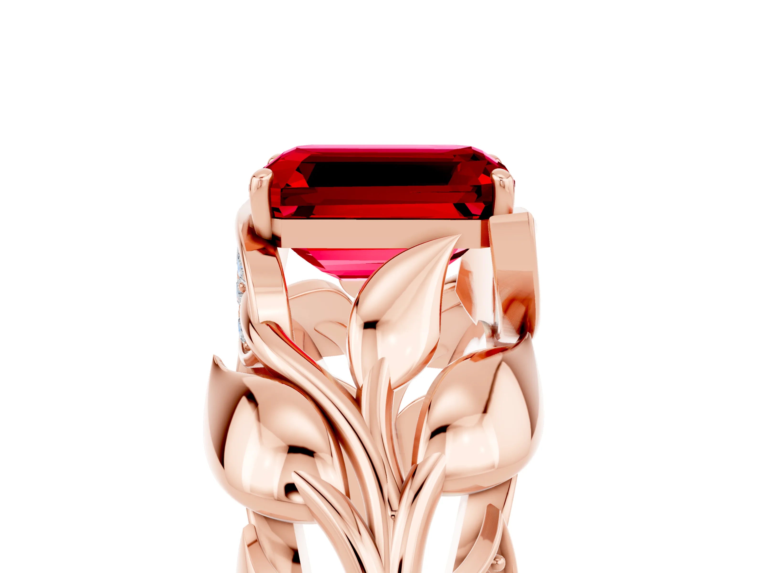 Rose gold Emerald Cut Solitaire Leaf-Inspired Engagement Ring with Prong Setting_5