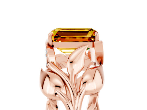 Rose gold Emerald Cut Solitaire Leaf-Inspired Engagement Ring with Prong Setting_5