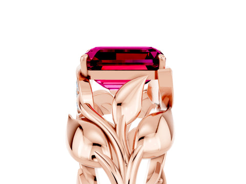 Rose gold Emerald Cut Solitaire Leaf-Inspired Engagement Ring with Prong Setting_5