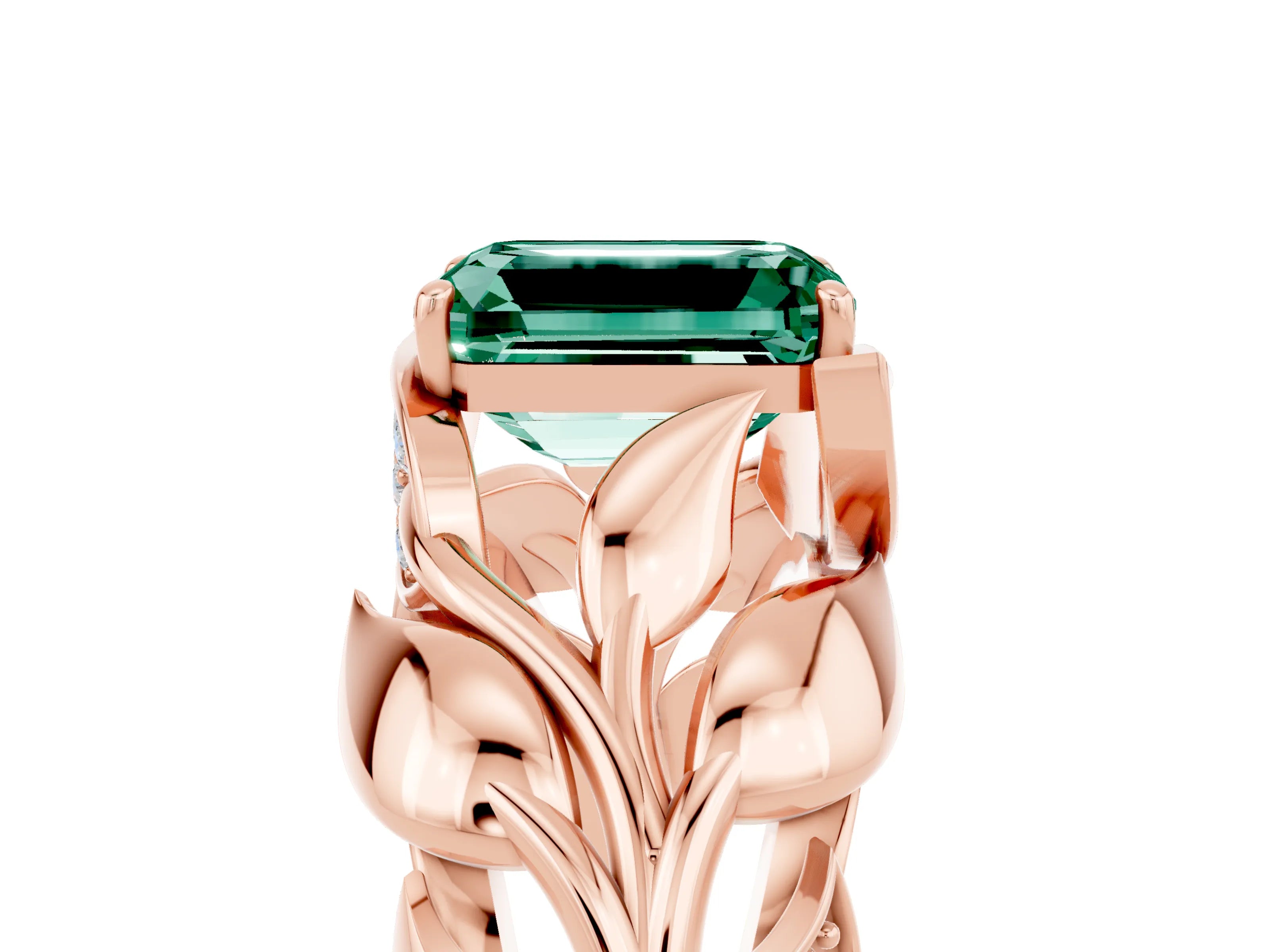 Rose gold Emerald Cut Solitaire Leaf-Inspired Engagement Ring with Prong Setting_5