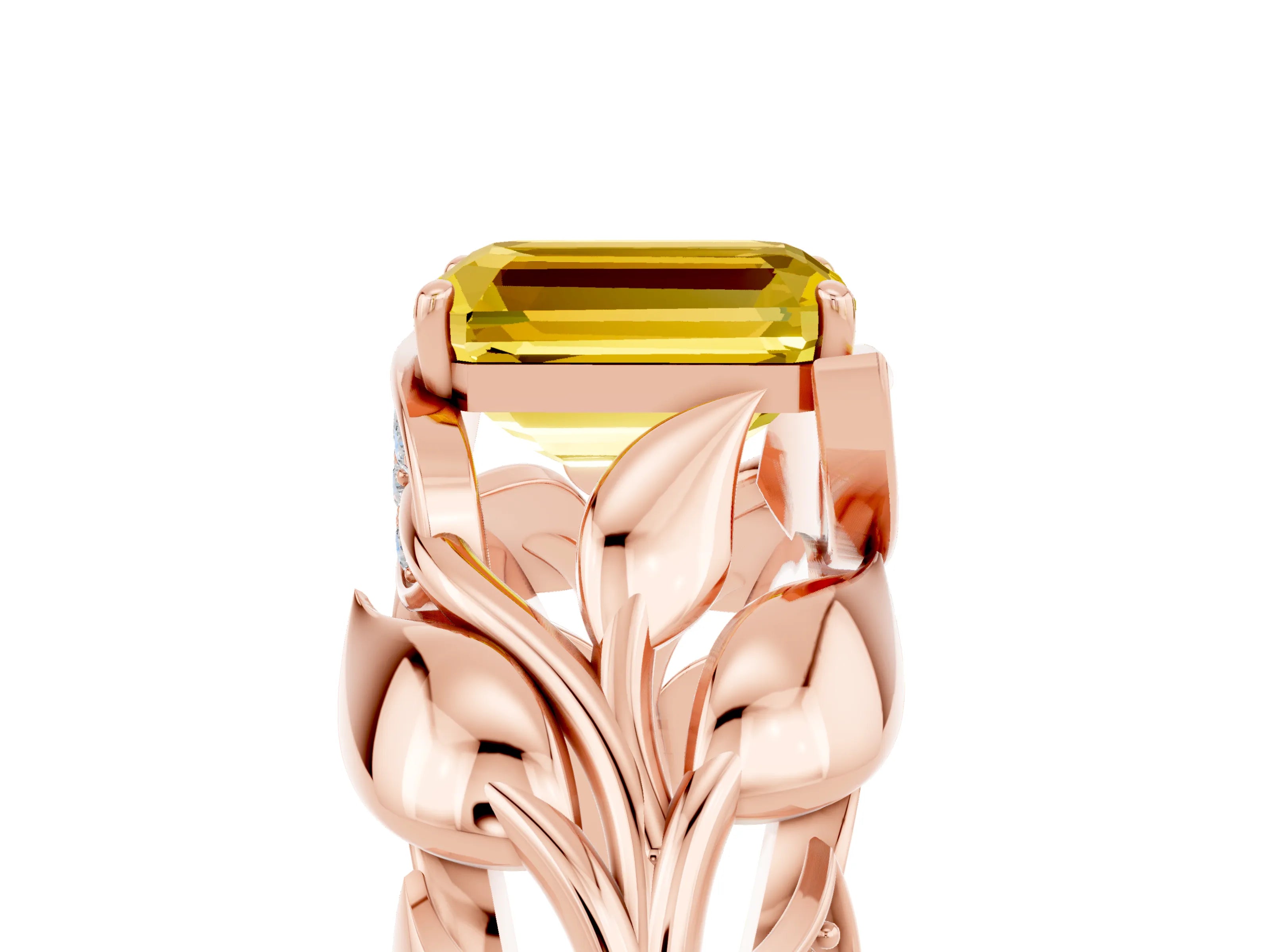 Rose gold Emerald Cut Solitaire Leaf-Inspired Engagement Ring with Prong Setting_5