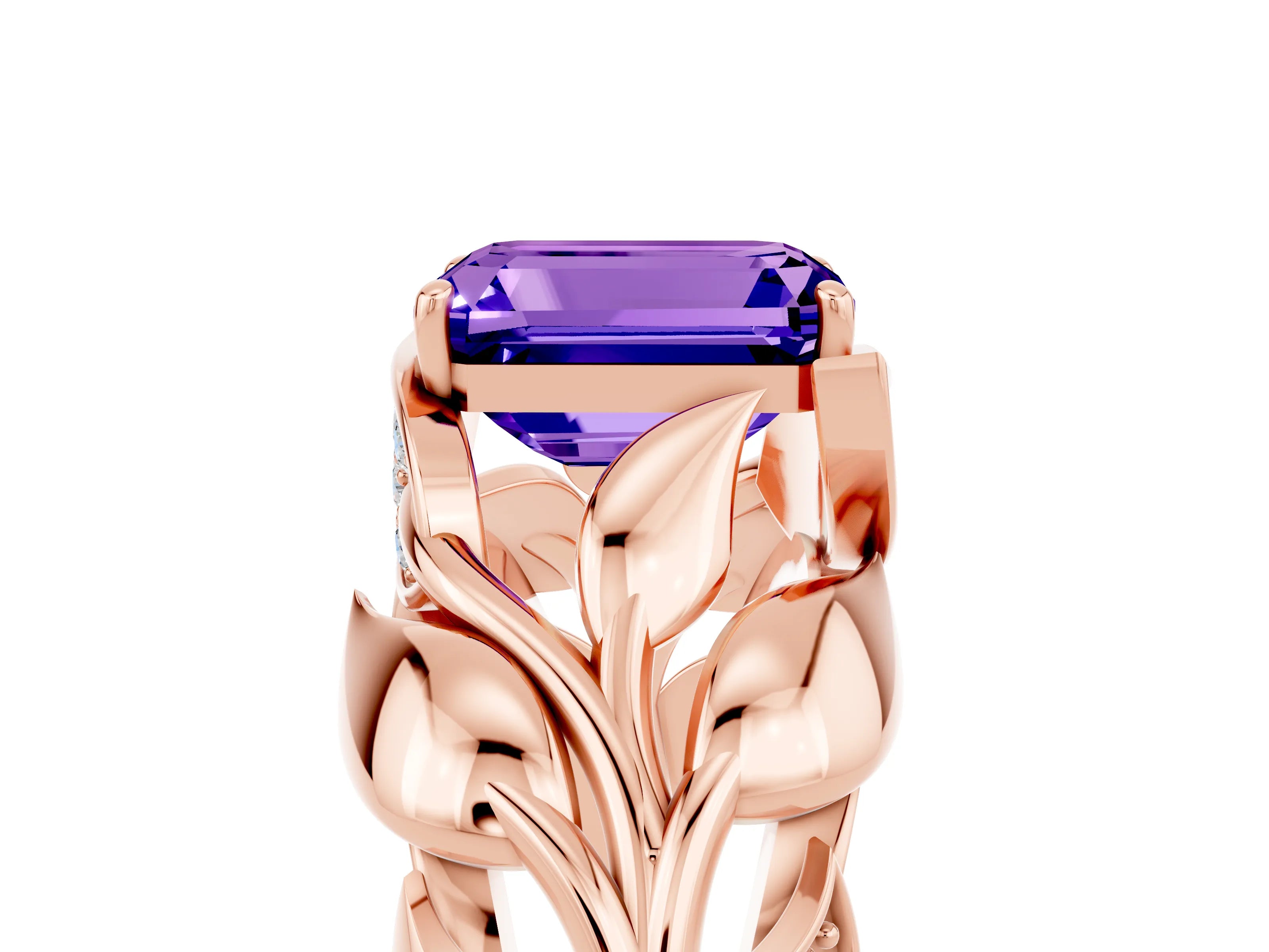 Rose gold Emerald Cut Solitaire Leaf-Inspired Engagement Ring with Prong Setting_5