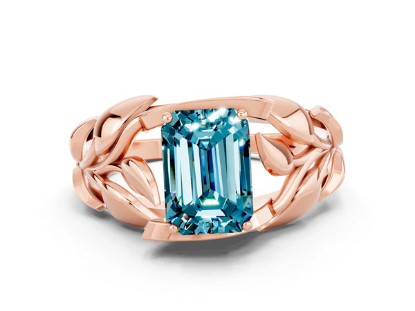 Rose gold Emerald Cut Solitaire Leaf-Inspired Engagement Ring with Prong Setting