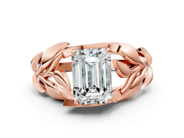 Rose gold Emerald Cut Solitaire Leaf-Inspired Engagement Ring with Prong Setting