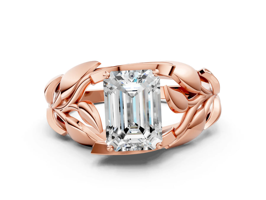 Rose gold Emerald Cut Solitaire Leaf-Inspired Engagement Ring with Prong Setting