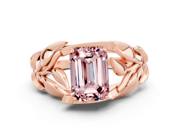 Rose gold Emerald Cut Solitaire Leaf-Inspired Engagement Ring with Prong Setting