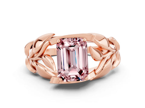 Rose gold Emerald Cut Solitaire Leaf-Inspired Engagement Ring with Prong Setting