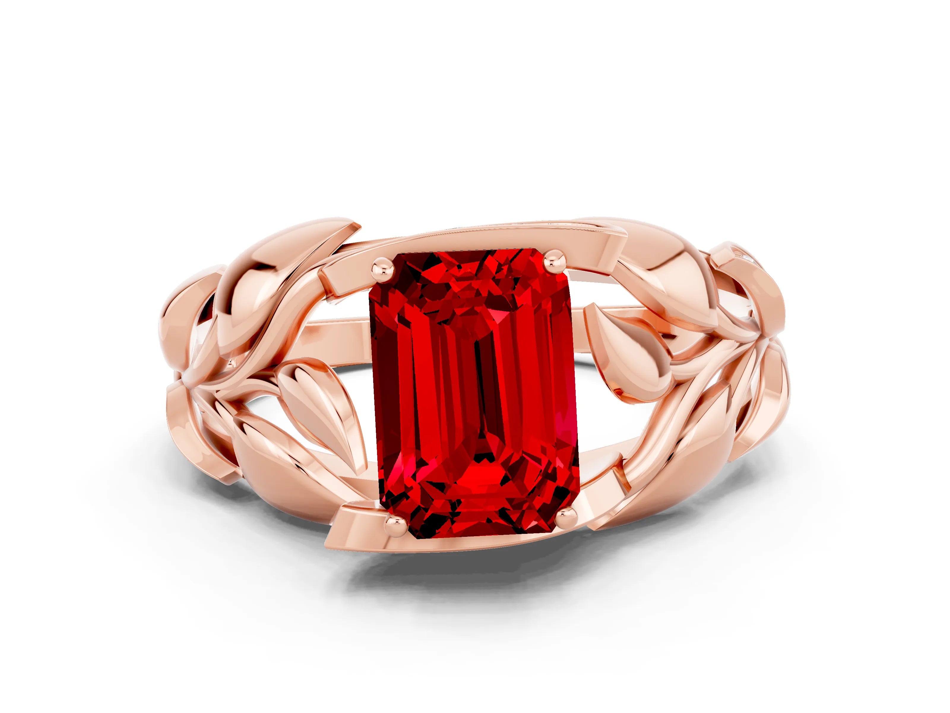 Rose gold Emerald Cut Solitaire Leaf-Inspired Engagement Ring with Prong Setting