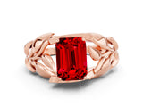 Rose gold Emerald Cut Solitaire Leaf-Inspired Engagement Ring with Prong Setting