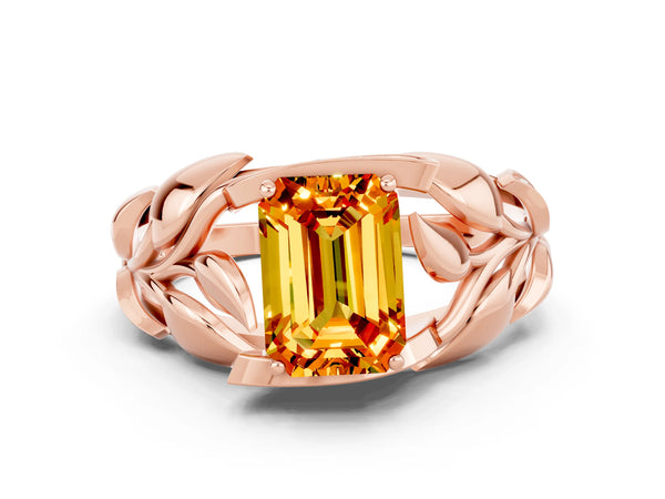 Rose gold Emerald Cut Citrine Leaf-Inspired Engagement Ring with Round Accents and Prong Setting