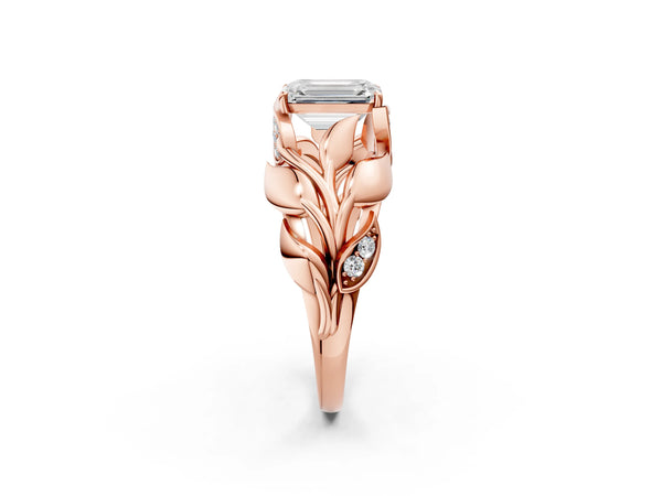 Rose gold Emerald Cut Solitaire Leaf-Inspired Engagement Ring with Prong Setting