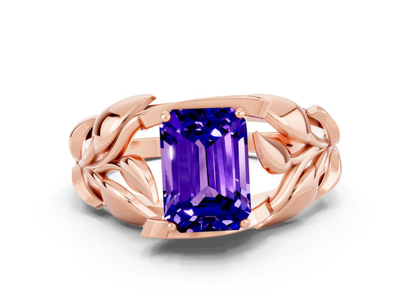 Rose gold Emerald Cut Tanzanite Leaf-Inspired Engagement Ring with Round Accents and Prong Setting