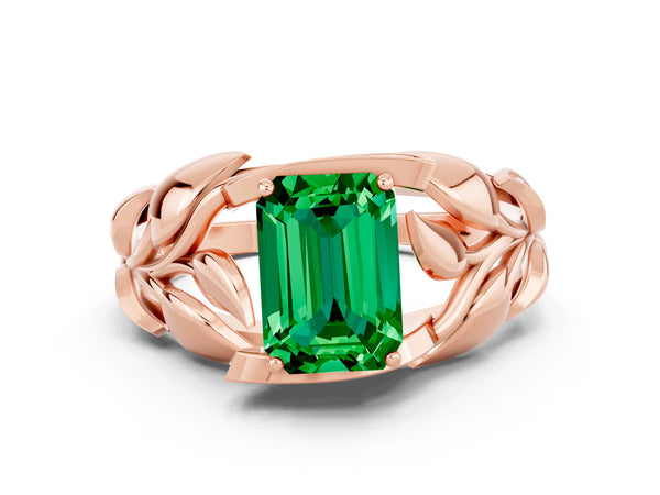 Rose gold Emerald Cut Emerald Leaf-Inspired Engagement Ring with Round Accents and Prong Setting