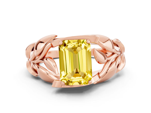 Rose gold Emerald Cut Yellow Sapphire Leaf-Inspired Engagement Ring with Round Accents and Prong Setting