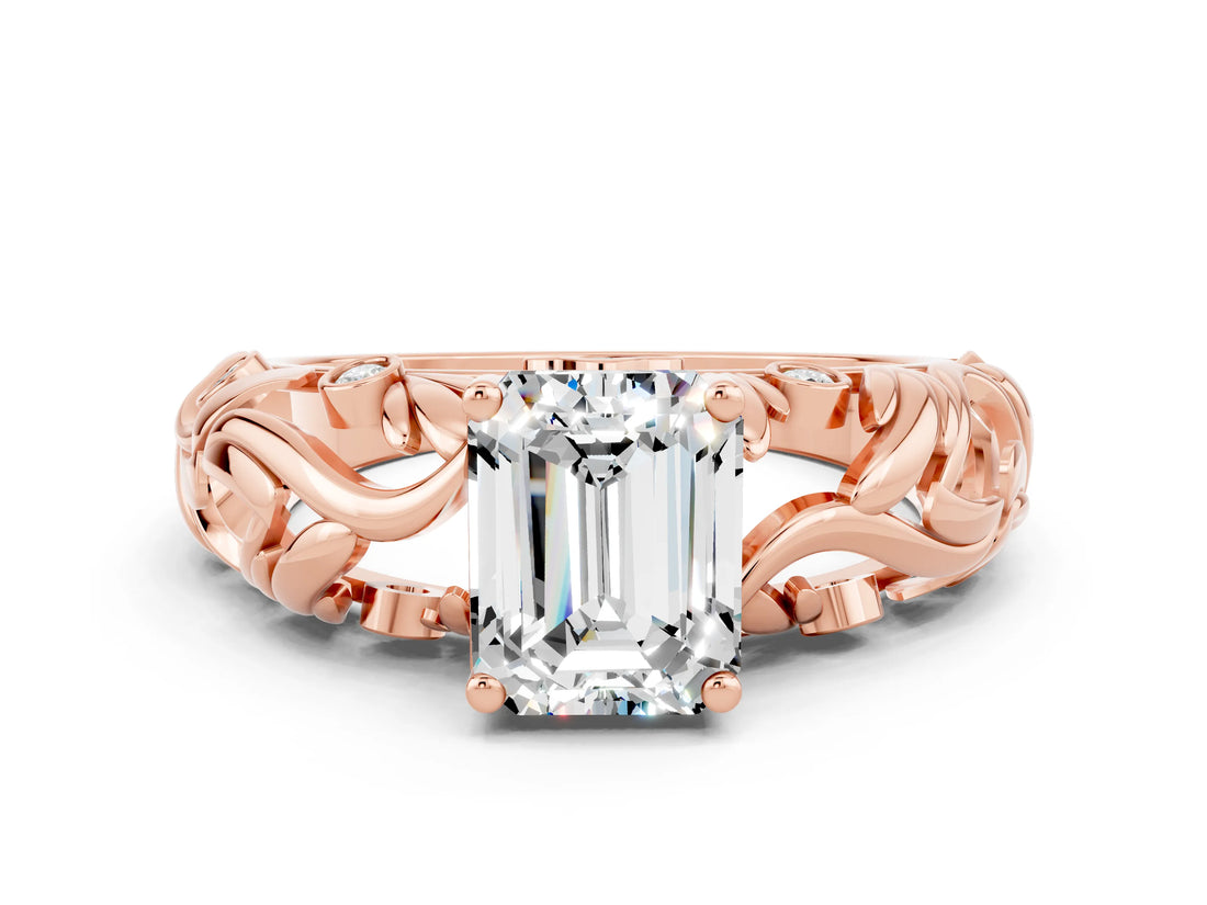 Rose gold Emerald Cut Solitaire Moissanite Leaf-Inspired Vine Band Ring with Prong Setting