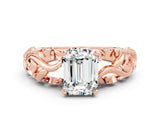 Rose gold Emerald Cut Solitaire Moissanite Leaf-Inspired Vine Band Ring with Prong Setting