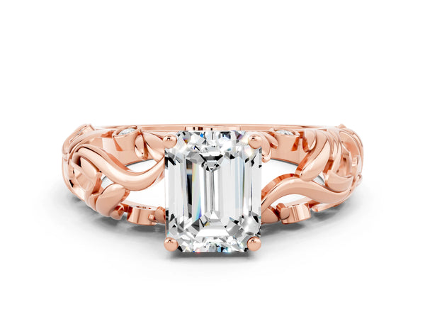 Rose gold Emerald Cut Solitaire Moissanite Leaf-Inspired Vine Band Ring with Prong Setting