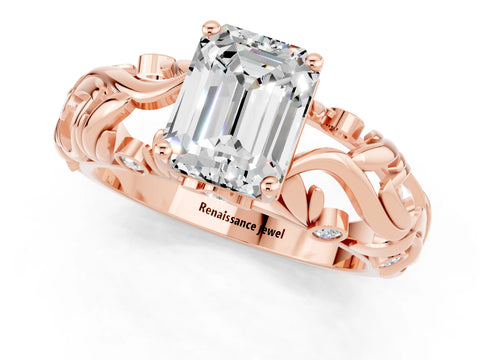 Rose gold Emerald Cut Solitaire Moissanite Leaf-Inspired Vine Band Ring with Prong Setting_1