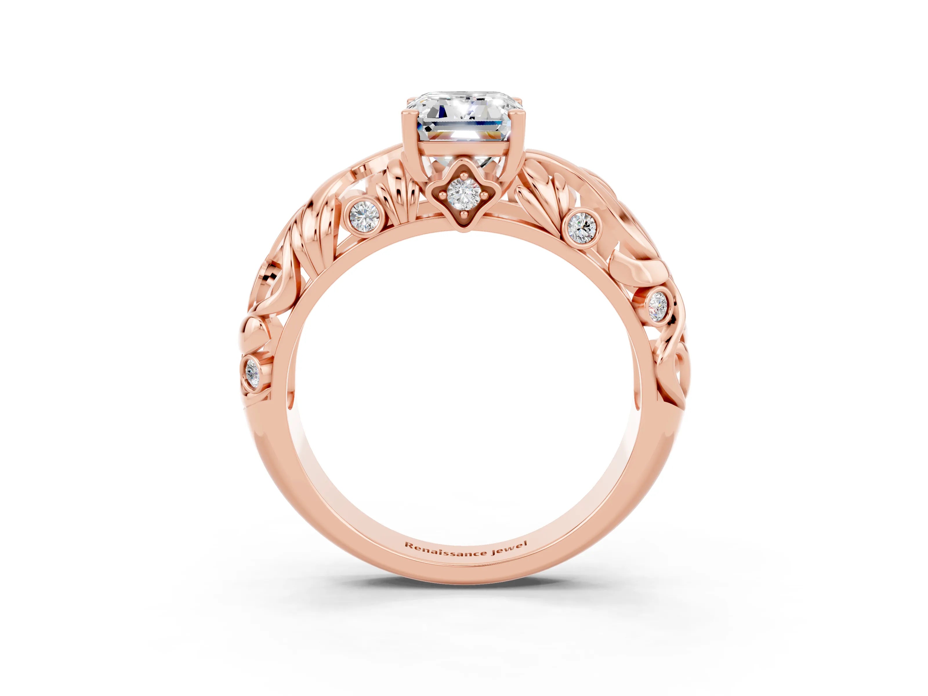 Rose gold Emerald Cut Solitaire Moissanite Leaf-Inspired Vine Band Ring with Prong Setting_3