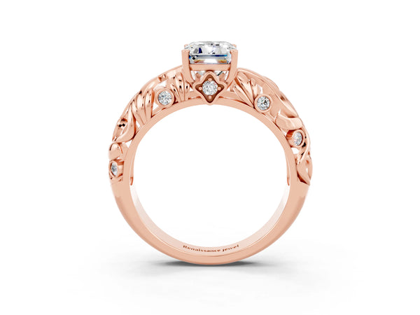 Rose gold Emerald Cut Solitaire Moissanite Leaf-Inspired Vine Band Ring with Prong Setting