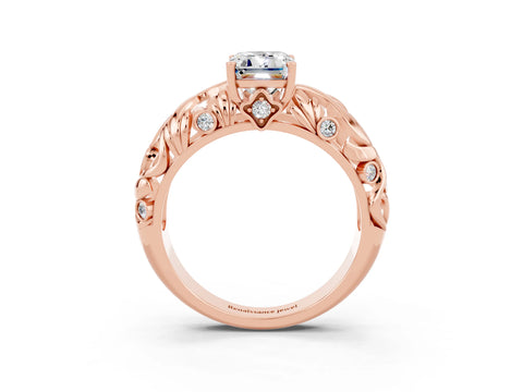 Rose gold Emerald Cut Solitaire Moissanite Leaf-Inspired Vine Band Ring with Prong Setting_3