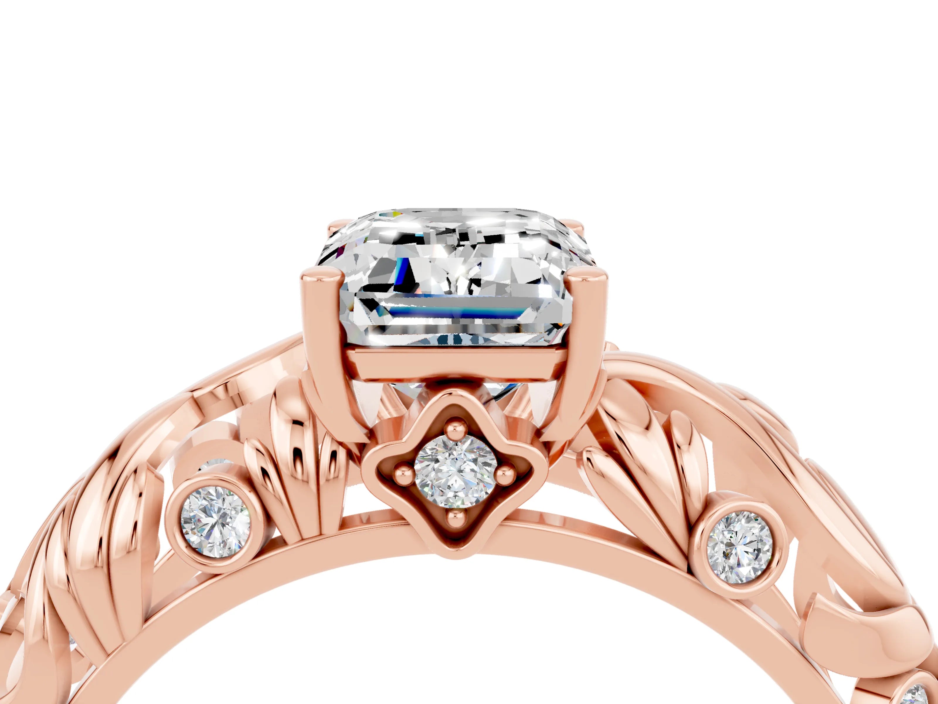 Rose gold Emerald Cut Solitaire Moissanite Leaf-Inspired Vine Band Ring with Prong Setting_4