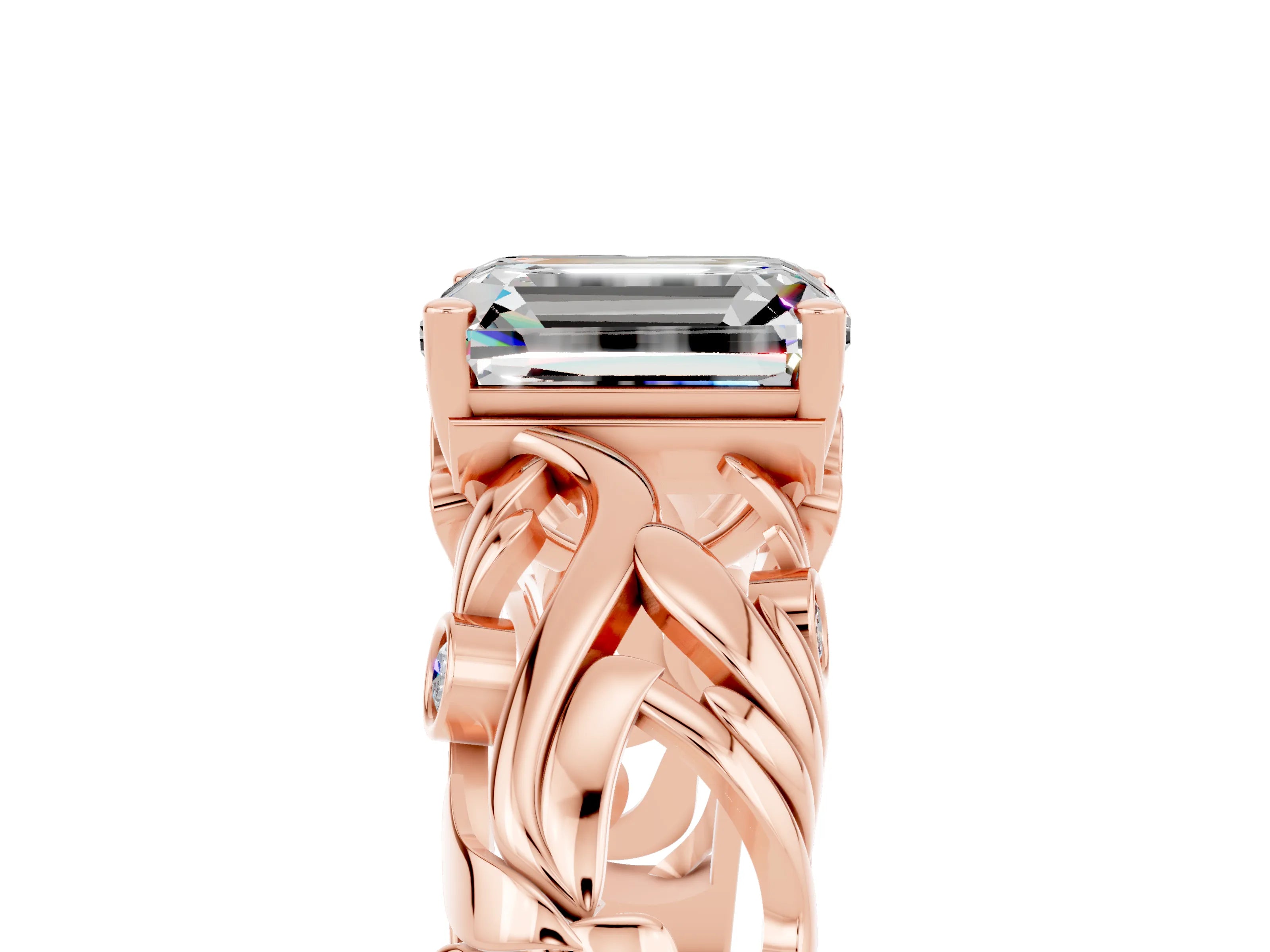 Rose gold Emerald Cut Solitaire Moissanite Leaf-Inspired Vine Band Ring with Prong Setting_5