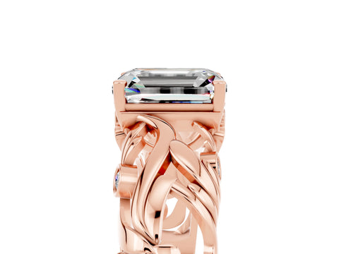 Rose gold Emerald Cut Solitaire Moissanite Leaf-Inspired Vine Band Ring with Prong Setting_5