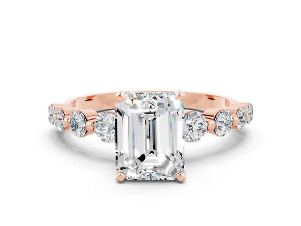 Rose gold Emerald Cut Solitaire Moissanite Ring with Pave Band and Four-Prong Setting