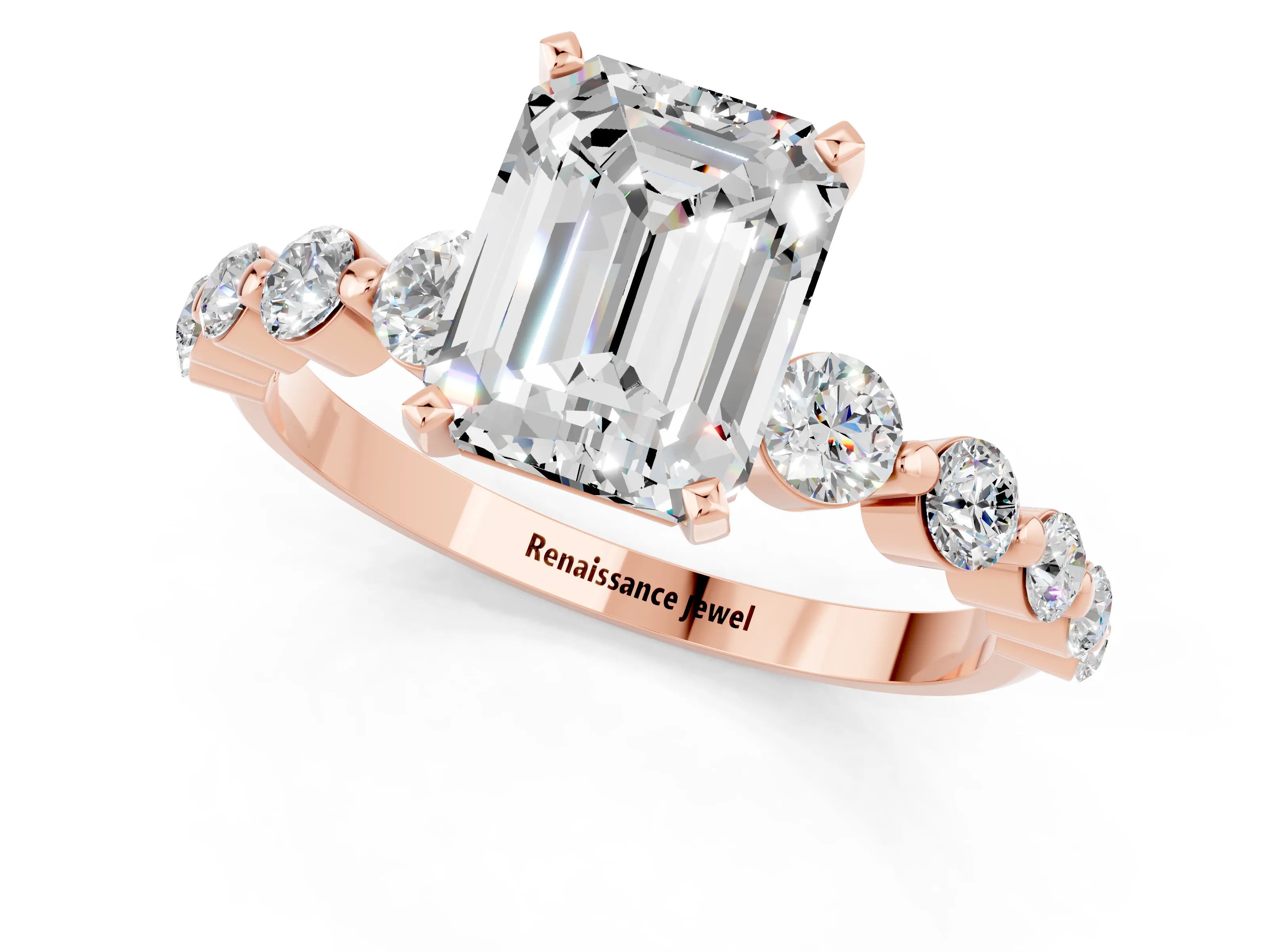 Rose gold Emerald Cut Solitaire Moissanite Ring with Pave Band and Four-Prong Setting_1