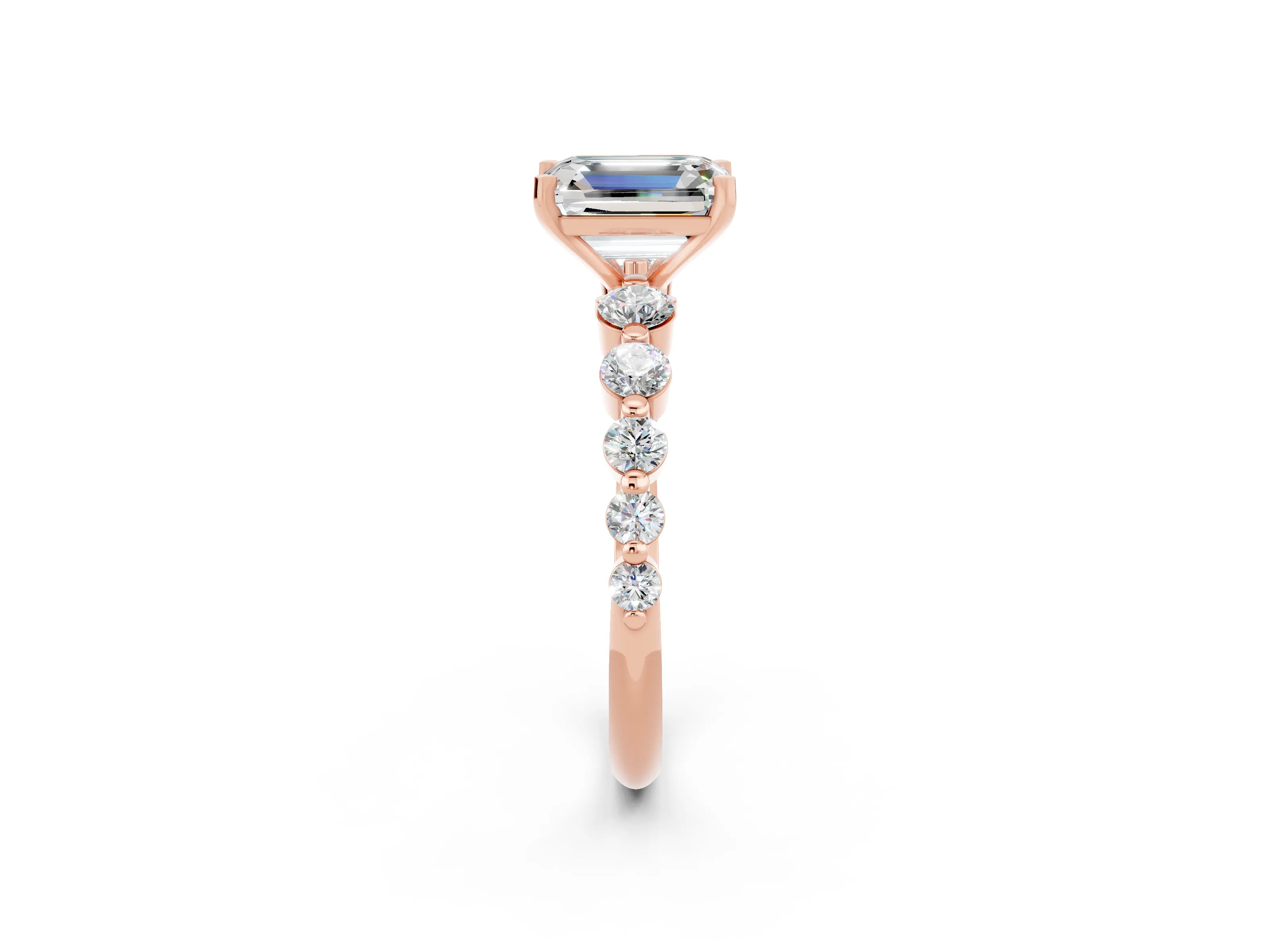 Rose gold Emerald Cut Solitaire Moissanite Ring with Pave Band and Four-Prong Setting_2