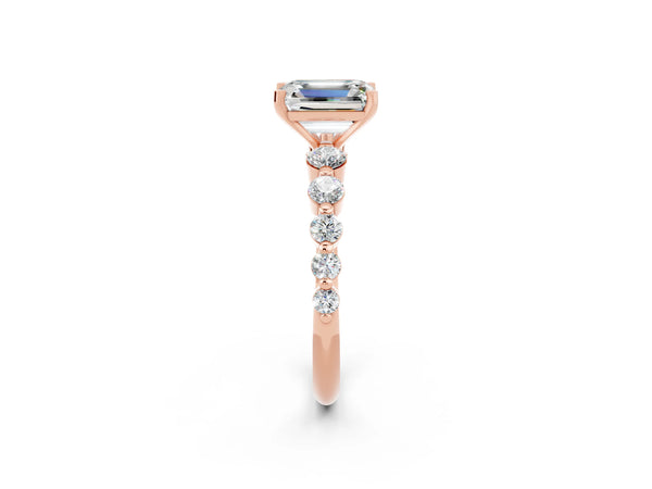Rose gold Emerald Cut Solitaire Moissanite Ring with Pave Band and Four-Prong Setting