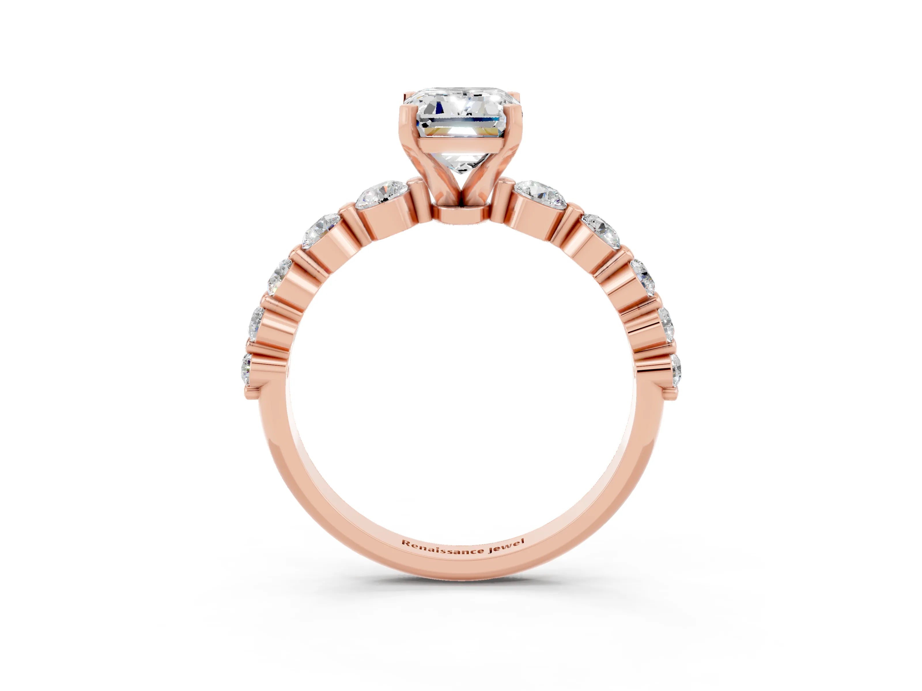 Rose gold Emerald Cut Solitaire Moissanite Ring with Pave Band and Four-Prong Setting_3