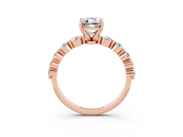 Rose gold Emerald Cut Solitaire Moissanite Ring with Pave Band and Four-Prong Setting