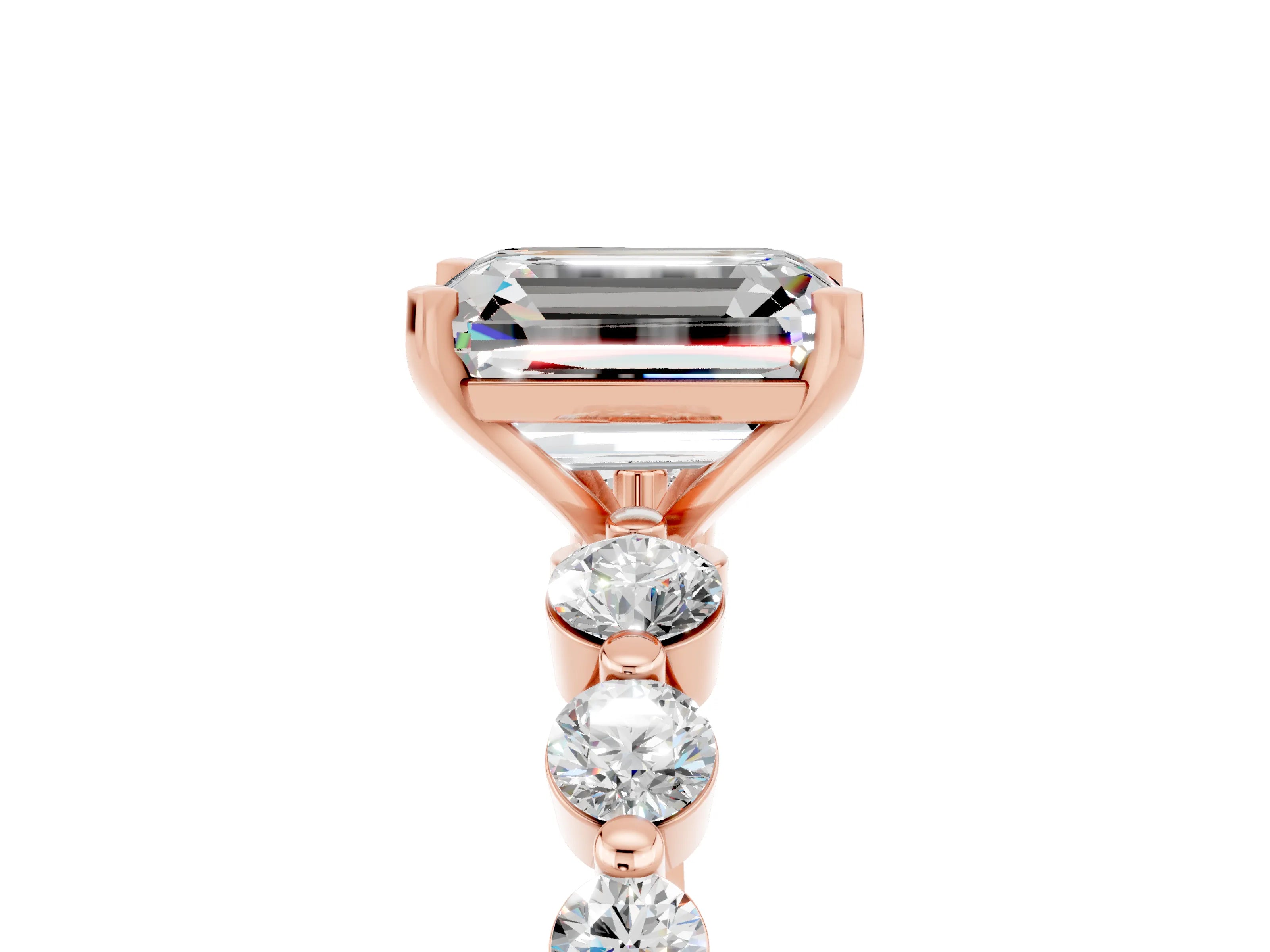 Rose gold Emerald Cut Solitaire Moissanite Ring with Pave Band and Four-Prong Setting_5