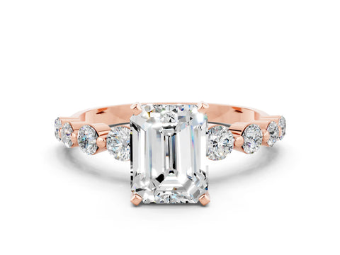 Rose gold Emerald Cut Solitaire Moissanite Ring with Pave Band and Four-Prong Setting