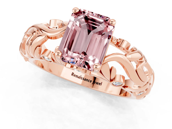 Rose gold Emerald Cut Solitaire Morganite Leaf-Inspired Vine Band Ring with Prong Setting