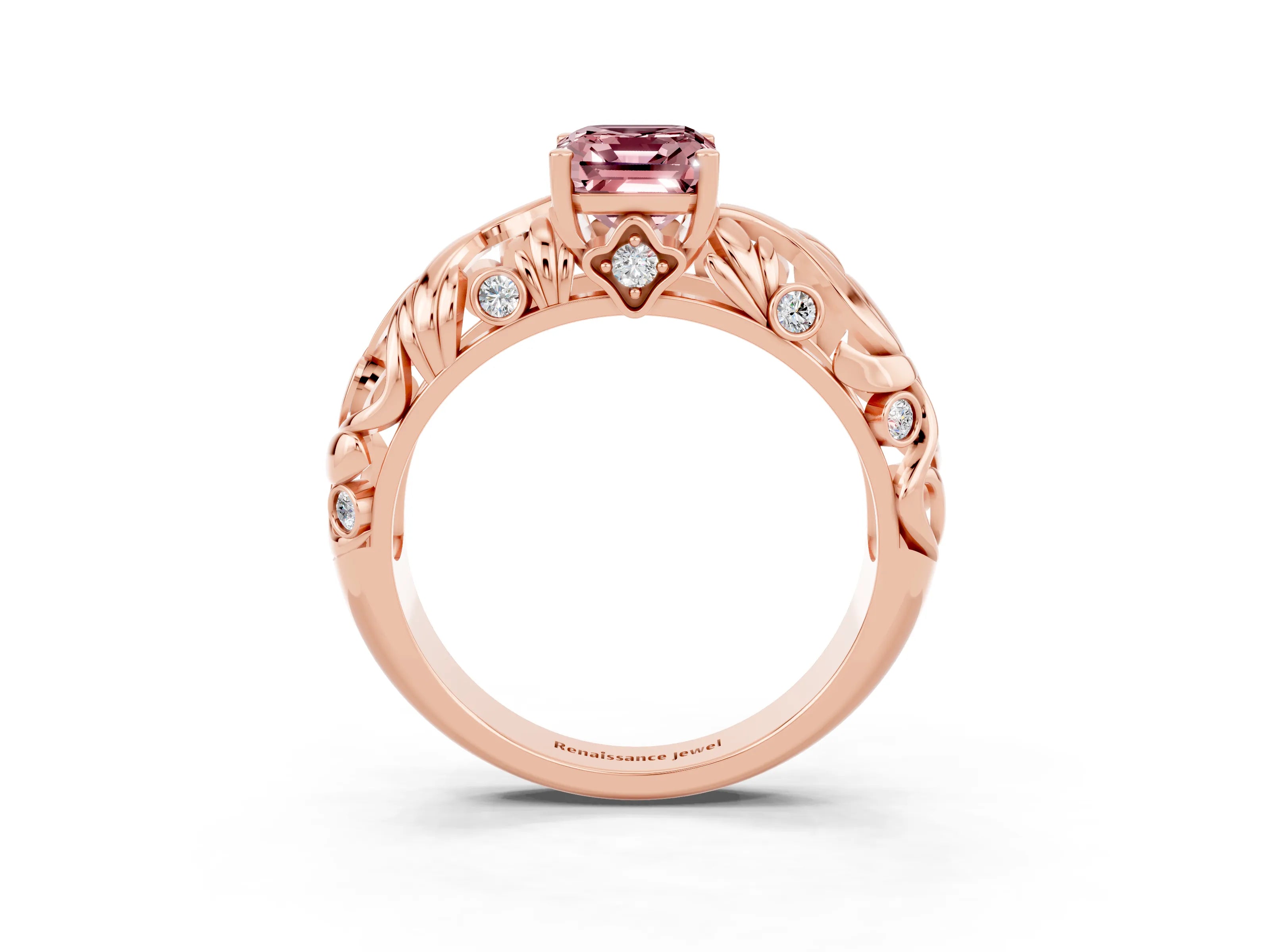 Rose gold Emerald Cut Solitaire Morganite Leaf-Inspired Vine Band Ring with Prong Setting_3