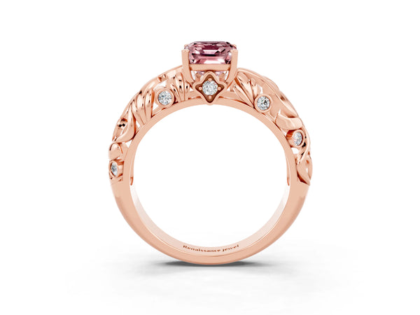 Rose gold Emerald Cut Solitaire Morganite Leaf-Inspired Vine Band Ring with Prong Setting